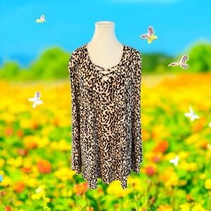 Cato Brown and Black Relaxed Graphic  Animal Print Leopard Blouse